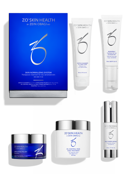 ZO Skin Health Normalizing Kit for Red, Sensitized Skin &amp; Acne Treatment. Soothe and restore red, sensitized skin with this complete kit, featuring Rozatrol®. Helps reduce redness, improve skin texture, and hydrate sensitive skin. sensitive skin treatment, redness reduction, skin barrier repair, acne treatment, Rozatrol serum, exfoliation, oil control pads
